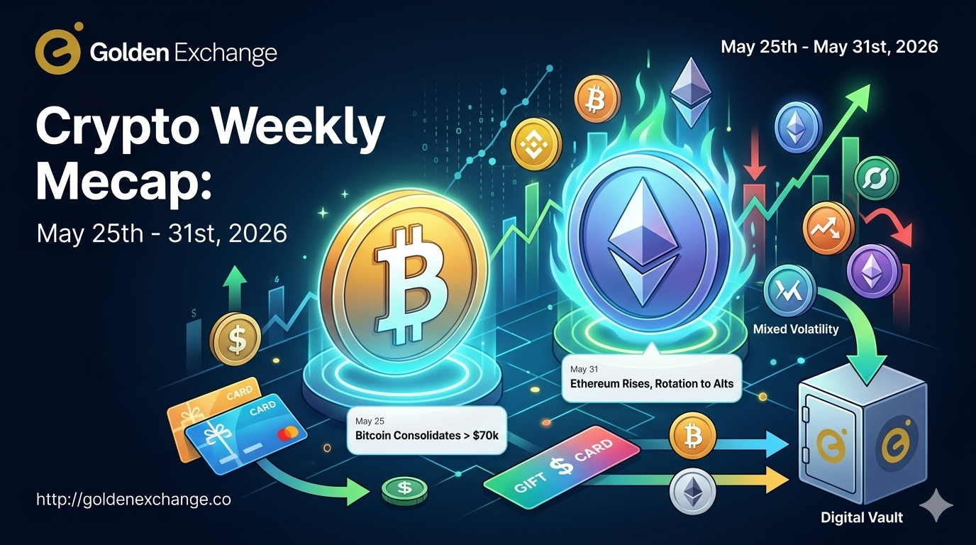 Market Consolidation, Ethereum Rotations, and Your Fast Lane to Cash What a wild ride the last week of May was! From May 25th to May 31st, 2026, the crypto world gave us a classic mix of consolidation, shifting trends, and plenty of action. If you took a break from your charts to enjoy the sunshine, don't worry. We have the ultimate breakdown of what went down, and how you can use these movements to your advantage. Bitcoin Pauses While Ethereum Rotates The headline story of the week belongs to the two giants. After its recent massive run-up to record highs, Bitcoin took a much-needed breath. It spent the week consolidating in a tight trading range, stabilizing safely above the $70,000 mark. While institutional spot ETF demand cooled off slightly, causing a brief 3% pullback, long-term sentiment remains completely intact. Instead of panic selling, clever investors simply rotated their capital into high-conviction altcoins. Ethereum became the absolute star of the week! Thanks to rising smart contract network activity and steady staking demand, ETH outperformed Bitcoin as traders positioned themselves for a strong altcoin summer. A Mixed Bag for Altcoins and Gift Cards Outside of Ethereum, the broader market gave us some exciting short-term volatility. By Sunday, May 31st, the market showed a cautiously optimistic bounce back with over 240 tokens trading in the green. The Big Gainers: Tokens like BNB surged by 12% to look toward its local high of $780. Speculative assets like Portal and Worldcoin also recorded double-digit rallies. The Decliners: On the flip side, assets like Cardano and Solana felt some short-term selling pressure, reminding everyone that volatility is still king. Speaking of volatility, many smart traders didn't just sit and watch the charts. When the market moves like this, people quickly liquidate unused assets to seize new opportunities. Whether converting physical gift cards from global retailers into quick capital or locking in crypto profits, moving assets fast was the real winning strategy of the week. Seize the Market with Golden Exchange You do not need to feel stuck when the crypto market consolidates or shifts. At Golden Exchange, we give you the exact on-ramp and off-ramp tools to react to these market moves instantly. On-Ramp (Ready to Buy?): Did you see Ethereum's strength this week and want to jump in? We make it incredibly easy to buy top cryptocurrencies directly with local currency. Off-Ramp (Ready to Cash Out?): Want to lock in your recent crypto profits before another dip? Or maybe you have unused gift cards laying around? You can sell your crypto or cash out your gift cards instantly for quick cash. We guarantee top market rates, lightning-fast payouts, and airtight security on every single trade. Head over to Golden Exchange right now to secure your funds, trade the trends, and make your assets work for you!